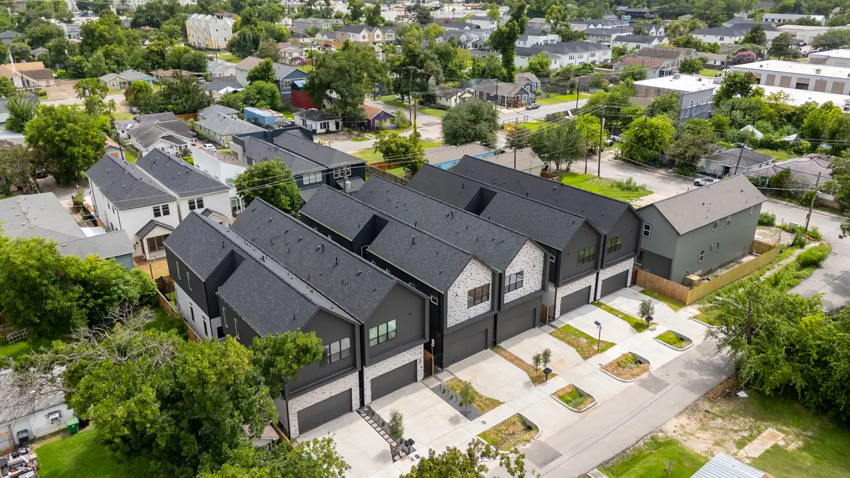Aerial view of the completed six-unit Sohana Homes development in Independence Heights